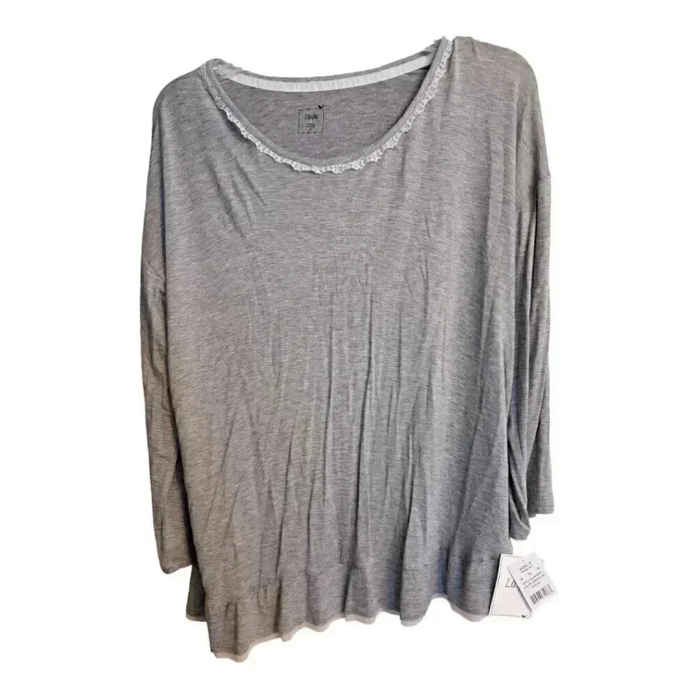 Layla Womens XL Pajama Top Gray Heather‎ Knit Ruffle Hem Long Sleeve NWT